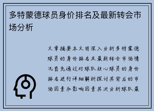 多特蒙德球员身价排名及最新转会市场分析